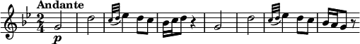 \relative c'' {
\version "2.18.2"
\key bes \major
\tempo "Andante"
\time 2/4
\tempo 4 = 50
g2\p d'
\grace {c32 (d} ees4) d8 c
bes16 c d8 r4
g,2 d'
\grace {c32 (d32} ees4) d8 c8
bes16 a g8 r8
}