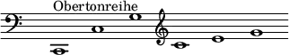 \new Staff {
\clef bass
\time 6/1
\override Staff.TimeSignature.transparent = ##t
\relative c, { c1^Obertonreihe c' g' \clef treble c e g % Remove bar line at the end of the current line
\once \override Score.BarLine.break-visibility = #'#(#f #t #t)
\break}
}