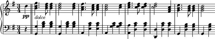 \relative b' {
\new PianoStaff <<
\new Staff { \key e \minor \time 3/4
\tempo \markup {
\column {
}
}
\partial 4 d\pp \bar "||" <b d g>4._\markup { \italic dolce } <b d fis>8 <b d fis>4 <b d fis>2 <b d fis>4 <a c fis>4. <a c e>8 <a c e>4 <a c e>2 <c e>4 <c e g>4. <c d fis>8 <c d fis>4 <c d fis>2 <fis, a c>4 <g b e>4. <g b d>8 <g b d>4 <g b d>2
}
\new Staff { \key e \minor \time 3/4 \clef bass
r4 <g,, g'> <g' b d> <g b d> <g, g'> <g' b d> <g b d> a, <e' a c> <e a c> a, <g' a c> <g a c> <a, a'> <d a' c> <d a' c> <d d,> <d a' c> <d a' c> g, <d' g b> <d g b> g, <d' g b> }
>>
}