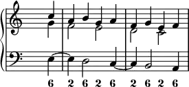 \new PianoStaff <<
\new Staff {
\override Staff.TimeSignature.transparent = ##t
<<
\new Voice = "first"
\relative c''
{ \voiceOne \partial 4 c4 a b g a f g e f }
\new Voice = "second"
\relative c''
{ \voiceTwo \partial 4 g4 f2 e d c }
>>
}
\new Staff {
\override Staff.TimeSignature.transparent = ##t
\new Voice = "left" {
\relative c { \clef "bass" \partial 4 e4 ~ e d2 c4 ~ c b2 a4
}
}
}
\new FiguredBass {
\figuremode { \partial 4 <6>4 <2> <6> <2> <6> <2> <6> <2> <6>
}
}
>>