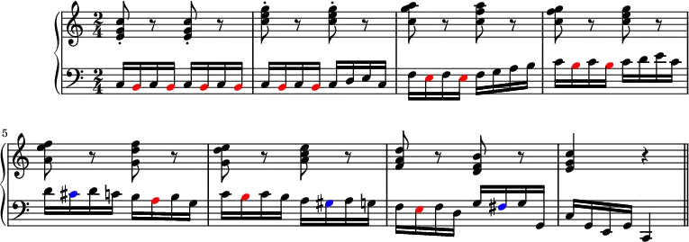 \header {tagline = ##f}
upper = \relative c' {
\clef treble
\key c \major
\time 2/4
\tempo 4 = 96
<e g c>8-. r <e g c>-. r <c' e g>-. r <c e g>-. r <c g' a> r <c f a> r <c f g> r <c e g> r <a e' f> r <g d' f> r <g d' e> r <a c e> r <f a d> r <d f b> r <e g c>4 r \bar "||" }
lower = \relative c {
\clef bass
\key c \major
\time 2/4
c16 \tweak NoteHead.color #red b c \tweak NoteHead.color #red b c \tweak NoteHead.color #red b c \tweak NoteHead.color #red b c \tweak NoteHead.color #red b c \tweak NoteHead.color #red b c d e c f \tweak NoteHead.color #red e f \tweak NoteHead.color #red e f g a b c \tweak NoteHead.color #red b c \tweak NoteHead.color #red b c d e c d \tweak NoteHead.color #blue cis d c b \tweak NoteHead.color #red a b g c \tweak NoteHead.color #red b c b a \tweak NoteHead.color #blue gis a g f \tweak NoteHead.color #red e f d g \tweak NoteHead.color #blue fis g g, c g e g c,4 }
\score {
\new PianoStaff <<
\new Staff = "upper" \upper
\new Staff = "lower" \lower
>>
\layout {
\context {
\Score
\remove "Metronome_mark_engraver"
}
}
\midi { }
}