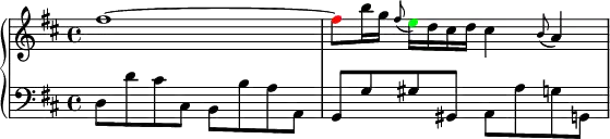 \header {tagline = ##f}
upper = \relative c'' {
\clef treble
\key d \major
\time 4/4
\tempo 8 = 100
{ fis1 ~ \tweak NoteHead.color #red fis8 b16 g \appoggiatura fis8 \tweak NoteHead.color #green e16 d cis d cis4 \appoggiatura b8 a4}
}
lower = \relative c {
\clef bass
\key d \major
{ d8 d' cis cis, b b' a a, g g' gis gis, a a' g g,}
}
\score {
\new PianoStaff <<
\new Staff = "upper" \upper
\new Staff = "lower" \lower
>>
\layout {
\context {
\Score
\remove "Metronome_mark_engraver"
}
}
\midi { }
}