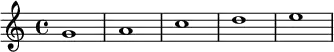 \new Staff { \relative c'' { g1 a c d e} }