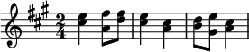 {\key a \major \time 2/4 <cis'' e''>4 <a' fis''>8 <d'' fis''> <cis'' e''>4 <a' cis''>4 <b' d''>8 <gis' e''> <a' cis''>4}