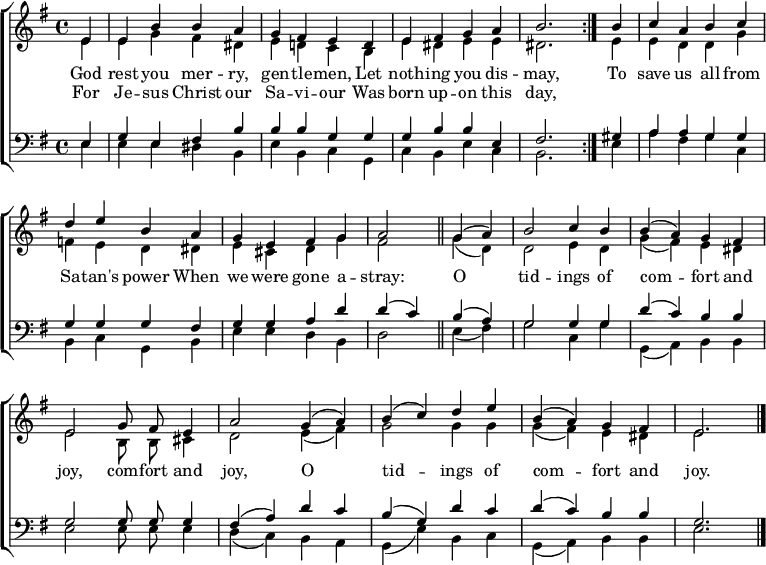 
\header { tagline = ##f }
\layout { indent = 0 \context { \Score \remove "Bar_number_engraver" } }

global = {
  \key e \minor
  \time 4/4
  \partial 4
  \autoBeamOff
}

soprano = \relative c' { \set Staff.midiInstrument = "brass section"
  \global
  \repeat volta 2 { e4 | e b' b a | g fis e
    d | e fis g a | b2. }
  b4 | c a b c | d e b
  a | g e fis g a2 \bar "||"
  g4 (a) | b2 c4 b | b (a) g fis | e2 g8 fis e4 | a2
  g4 (a) | b (c) d e | b (a) g fis | e2. \bar "|."
}

alto = \relative c' {
  \global
  \repeat volta 2 { e4 | e g fis dis | e d! c
    b | e dis e e | dis2. }
  e4 | e d d g | f e d
  dis | e cis d g | fis2 \bar "||"
  g4 (d) | d2 e4 d | g (fis) e dis | e2 b8 b cis4 | d2
  e4 (fis) g2 g4 g | g (fis) e dis | e2. \bar "|."
}

tenor = \relative c {
  \global
  \repeat volta 2 { e4 | g e fis b | b b g
    g | g b b e, | fis2. }
  gis4 | a a g g | g g g
  fis | g g a d | d (c) \bar "||"
  b4 (a) | g2 g4 g | d' (c) b b | g2 g8 g g4 | fis (a)
  d c | b (g) d' c | d (c) b b | g2. \bar "|."
}

bass = \relative c {
  \global
  \repeat volta 2 { e4 | e e dis b | e b c
    g | c b e c | b2. }
  e4 | a fis g c, | b c g
  b | e e d b | d2 \bar "||"
  e4 (fis) | g2 c,4 g' | g, (a) b b | e2 e8 e e4 | d (c)
  b a | g (e') b c | g (a) b b | e2. \bar "|."
}

verse = \lyricmode {
  << { God rest you mer -- ry, gen -- tle -- men,
  Let noth -- ing you dis -- may, }
  \new Lyrics { For Je -- sus Christ our Sa -- vi -- our
  Was born up -- on this day, } >>
  To save us all from Sa -- tan's power
  When we were gone a -- stray:
  O tid -- ings of com -- fort and joy,
  com -- fort and joy,
  O tid -- ings of com -- fort and joy.
}

\score {
  \new ChoirStaff <<
    \new Staff
    <<
      \new Voice = "soprano" { \voiceOne \soprano }
      \new Voice = "alto" { \voiceTwo \alto }
    >>
    \new Lyrics \lyricsto "soprano" \verse
    \new Staff
    <<
      \clef bass
      \new Voice = "tenor" { \voiceOne \tenor }
      \new Voice = "bass" { \voiceTwo \bass }
    >>
  >>
  \layout { }
}
\score { \unfoldRepeats { << \soprano \\ \alto \\ \tenor \\ \bass >> }
  \midi { \tempo 4=136 }
}

