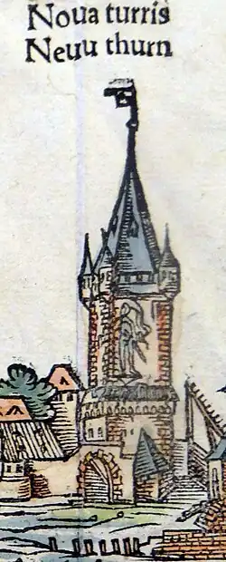 Neuturm bei Sebastian Münster (ca. 1550) – mit Ritter; im Vordergrund die Goldene Pforte[1]