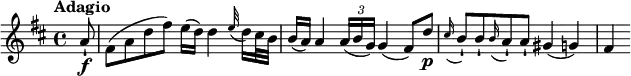 \relative c' {
\version "2.18.2"
\key d \major
\time 4/4
\tempo "Adagio"
\tempo 4 = 50
\partial 8 a'8-!\f fis8 (a d fis) e16 (d) d4 \appoggiatura e32 d16 cis32 b32 b16 (a) a4 \tuplet 3/2 {a16 (b g)} g4 (fis8) d'\p \appoggiatura cis16 b8-! b8-! \appoggiatura b16 a8-! a-! gis4 (g) fis}