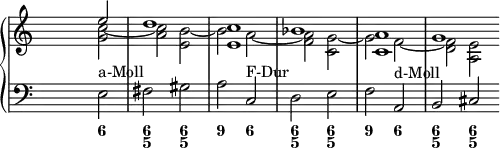 \new PianoStaff <<
<< % wegen Generalbass
\new Staff <<
\set Score.tempoHideNote = ##t
\tempo 4 = 160
\override Staff.TimeSignature.transparent = ##t
<<
\new Voice = "first"
\relative c''
{ \voiceOne s2 e d1 <c e,> bes <a c,> g \bar "" }
\new Voice = "second"
\relative c'
{ \voiceTwo s2 <c' g> ~ <c a> <b e,> ~ <b> <a> ~ <a f> <g c,> ~ <g> <f> ~ <f d> <e a,>}
>>
>>
\new Staff <<
\override Staff.TimeSignature.transparent = ##t
\clef "bass"
\relative c { s e^"a-Moll" fis gis a c,^"F-Dur" d e f a,^"d-Moll" b cis }
>>
>>
\new FiguredBass {
\figuremode { <_>2 <6> <6 5> <6 5> <9> <6> <6 5> <6 5> <9> <6> <6 5> <6 5> }
}
>> % wegen Generalbass