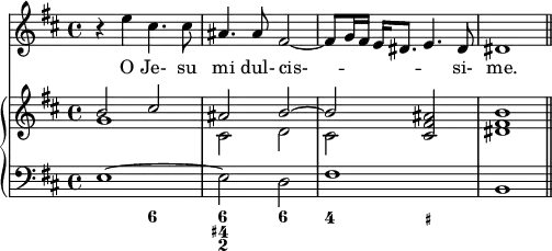 
\version "2.14.2"
\header {
  tagline = ##f
        }
melody = \relative c'' {
  \clef treble
  \key b \minor
  \time 4/4
  \tempo 2 = 54

  r4 e cis4. cis8 ais4. ais8 fis2 ~ fis8 g16 fis e dis8. e4. dis8 dis1 \bar "||"
}

text = \lyricmode {
  O Je- su mi dul- cis- -- _ _ _ _ _ si- me.
}

upper = \relative c'' {
  \clef treble
  \key b \minor

       <<
         {
           \voiceOne
           b2 cis ais b ~ b <cis, fis ais> <dis fis b>1
         }
         \new Voice {
           \voiceTwo
           g1 cis,2 d cis
         }
       >>

}

lower = \relative c {
  \clef bass
  \key b \minor

  e1 ~ e2 d fis1 b,
}

\score {
  <<
    \new Voice = "mel" { \melody }
    \new Lyrics \lyricsto mel \text
    \new PianoStaff <<
      \new Staff = "upper" \upper
      \new Staff = "lower" \lower
    \new FiguredBass {
    \figuremode { s2 <6> <6 4+ 2> <6> <4> <_+> }
    }
  >>
  >>
  \layout {
    \context {
      \Score
      \remove "Metronome_mark_engraver" }
     }

  \midi { }
}
