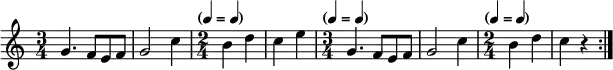 \relative c'' {
    \numericTimeSignature
    \repeat volta 2 {
      \time 3/4
      g4. f8 e f |
      g2 c4 |
      \time 2/4
      \tempo \markup {
        \concat {
          (
          \smaller \general-align #Y #DOWN \note {4} #1
          " = "
          \smaller \general-align #Y #DOWN \note {4} #1
          )
        }
      }
      b4 d |
      c e |
      \time 3/4
      \tempo \markup {
        \concat {
          (
          \smaller \general-align #Y #DOWN \note {4} #1
          " = "
          \smaller \general-align #Y #DOWN \note {4} #1
          )
        }
      }
      g,4. f8 e f |
      g2 c4 |
      \time 2/4
      \tempo \markup {
        \concat {
          (
          \smaller \general-align #Y #DOWN \note {4} #1
          " = "
          \smaller \general-align #Y #DOWN \note {4} #1
          )
        }
      }
      b4 d |
      c r |
    }
  }
