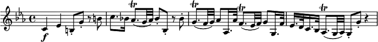 { \relative c' { \key c \minor \time 4/4
c4 \f es b8-. g'-. r b | c8. bes!16 as8.( \trill g32 as) bes8-. bes,-. r bes'-. |
g8.( \trill f32 g) as8 as,16. as'32 f8.( \trill es32 f) g8 g,16. f'32 |
es16. d32 c16. bes32 as8.( \trill g32 as) g8-. g'-. r4 }}
\layout { \context { \Score \override SpacingSpanner.common-shortest-duration = #(ly:make-moment 1/8) }}