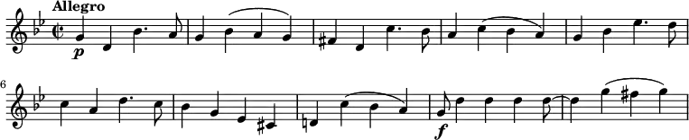 
\relative c'' {
     \key bes \major
     \tempo "Allegro"
     \time 2/2
     \tempo 4 = 140
    g4 \p d bes'4. a8
    g4 bes (a g)
    fis d c'4. bes8
    a4 c (bes a)
    g bes ees4. d8
    c4 a d4. c8
    bes4 g ees cis
    d! c' (bes a)
    g8\f d'4 d d d8~ d4 g (fis g)
  }
