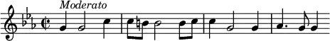 {
  \clef violin \key es \major \time 2/2 \tempo 4 = 80
  \set Score.tempoHideNote = ##t
  g'4( ^\markup{\italic{Moderato}} g'2 c''4
  c''8 b' b'2 b'8 c''
  c''4 g'2 g'4
  as'4. g'8 g'4
}