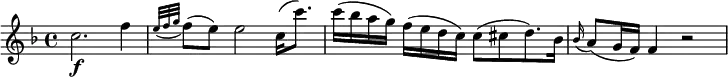  { \relative c'' { \key f \major \time 4/4
c2. \f f4 | \appoggiatura { e32 f g } f8( e) e2 c16( c'8.) | c16( bes a g) f( e d c) c8[( cis d8. ) bes16] |
\appoggiatura bes16 a8( g16 f) f4 r2 }} 