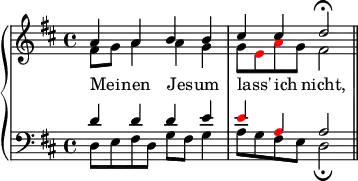 \new PianoStaff <<
\new Staff <<
\set Score.tempoHideNote = ##t
\tempo 4 = 60
{ \key d \major \time 4/4 }
\relative c''
{
\voiceOne
a a b b cis cis d2 \fermata \bar "||"
}
\new Voice {
\voiceTwo
fis'8 g' a'4 a' g' g'8 \override NoteHead.color = #red e' a' \override NoteHead.color = #black g' fis'2 \bar "||"
}
\addlyrics { Mei _ -- nen Jes -- um lass' _ ich _ nicht,}
>>
\new Staff <<
{ \key d \major }
\clef "bass"
\relative c
{
\voiceOne
d'4 d d e \override NoteHead.color = #red e a, \override NoteHead.color = #black a2
}
\new Voice {
\voiceTwo
d8 e fis d g fis g4 a8 g fis e d2 \fermata
}
>>
>>