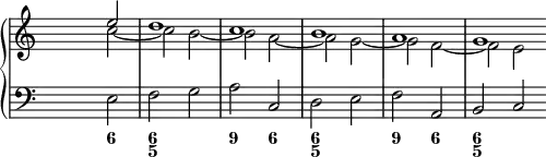 \new PianoStaff <<
<< % wegen Generalbass
\new Staff <<
\set Score.tempoHideNote = ##t
\tempo 4 = 160
\override Staff.TimeSignature.transparent = ##t
<<
\new Voice = "first"
\relative c''
{ \voiceOne s2 e d1 c b a g \bar "" }
\new Voice = "second"
\relative c'
{ \voiceTwo s2 c' ~ c b ~ b a ~ a g ~ g f ~ f e }
>>
>>
\new Staff <<
\override Staff.TimeSignature.transparent = ##t
\clef "bass"
\relative c { s e f g a c, d e f a, b c }
>>
>>
\new FiguredBass {
\figuremode { <_>2 <6> <6 5> <_> <9> <6> <6 5> <_> <9> <6> <6 5> <_> }
}
>> % wegen Generalbass