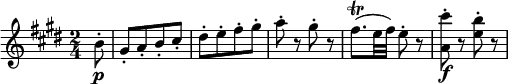  { \relative b' { \key e \major \time 2/4
\partial 8 b8-. \p | gis8-.[ a-. b-. cis-.] | dis8-.[ e-. fis-. gis-.] | a-. r gis-. r |
fis8.( \trill e32 fis) e8-. r | <cis' a,>-. \f r <b e,>-. r }} 