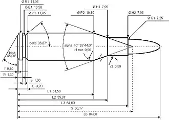 Dimensionen der Patrone 7 × 64 mm