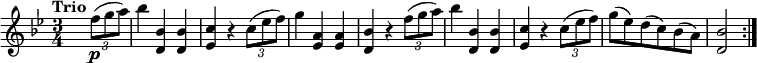 \relative c'' {
\version "2.18.2"
\clef "treble"
\tempo "Trio"
\key bes \major
\time 3/4
\tempo 4 = 110
s2 \tuplet 3/2 {f8\p (g a)}
bes4 <d,, bes'> <d bes'>
<ees c'> r4 \tuplet 3/2 {c'8 (ees f)}
g4 <ees, a> <ees a>
<d bes'> r4 \tuplet 3/2 {f'8 (g a)}
bes4 <d,, bes'> <d bes'>
<ees c'> r4 \tuplet 3/2 {c'8 (ees f)}
g8 (ees) d (c) bes (a)
<d, bes'>2 \bar ":|."
}