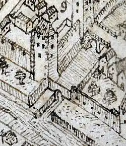 Nördlicher Anschluss der äußeren (rechts) an die innere Mauer (Turm: Kropsort); dazwischen: Stadtgraben vor dem nördlichen, inneren Mauerabschnitt