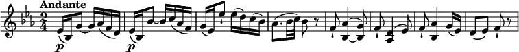 
\relative c'' {
  \version "2.18.2"
    \key ees \major
    \time 2/4
    \tempo "Andante"
   ees,16\p (bes) g'8~ g16 aes (f d)
   ees16\p (bes) bes'8~ bes16 c (aes f)
  g (ees) ees'8-! ees16 (d) c (bes)
  aes8. (bes32 c) bes8 r8
  f-! << {bes,4  ~ bes8} { aes'4 ^ (g8)} >>
  f8-! <aes, d>4 ^(ees'8)
  f8-! <bes, aes'>4 g'16 (ees)
  d8 (ees) f-! r8
  }
