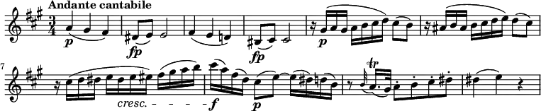 \relative c'' {
\version "2.18.2"
\key a \major
\time 3/4
\tempo "Andante cantabile"
\tempo 4 = 70
a4\p (gis fis)
dis8\fp (e) e2
fis4 (e d!)
bis8\fp (cis) cis2
r16 gis'\p (a gis a b cis d) cis8 (b)
r16 ais (b ais b cis d e) d8 (cis)
r16 cis (d dis e dis\cresc e eis) fis (gis a b)
cis\f (a) fis (d) cis8\p (e) ~ e16 (dis) d (b)
r8 \grace b32 (a16.)\trill (gis32) a8-. b-. cis-. dis-.
dis4 (e) r
}