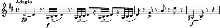 
\relative c' {
  \override Score.NonMusicalPaperColumn #'line-break-permission = ##f
  \version "2.18.2"
  \key d \major
  \tempo "Adagio"
  \tempo 4 = 45
  \override TupletBracket #'direction = #-1
  \override TupletBracket #'stencil = ##f
  d2~\fp d4 r8. \times 2/3 { a32\f( b cis } |
  d4) r8. \times 2/3 { a32( b cis } d8)[ r16 \times 2/3 { a32( b cis] } d8)[ r16
    \times 2/3 { a32( b cis] } |
  d8) r fis\p r a r d r |
  ais,2\f( b8) r r4
}
