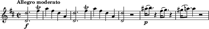 \relative c'' {
\version "2.18.2"
\key d \major
\tempo "Allegro moderato"
\time 2/2
\tempo 4 = 150
<d d,>2.\f fis4\trill a fis d a <d d,>2. fis4\trill a fis d a <d d,>2 r ais'16\p(b8. ) r4 fis16(g8. ) r4 gis16(a!8. ) a4 r2
}