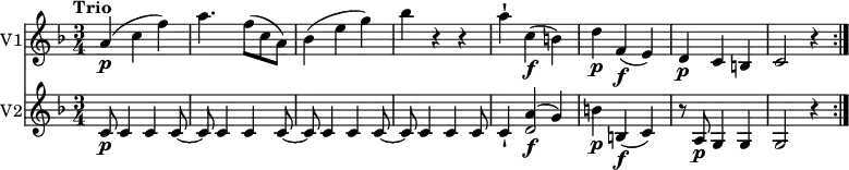 
<<
  \new Staff \with {
       instrumentName = #"V1" }
     \relative c'' {
         \version "2.18.2"
         \clef "treble"
         \tempo "Trio"
         \key f \major
         \time 3/4
          a4\p (c f)
          a4. f8 (c a)
          bes4 (e g)
          bes r4 r4
          a-! c,\f (b)
          d\p f,\f (e)
          d\p c b
          c2 r4 \bar ":|."
}
\new Staff \with {
         instrumentName = #"V2" }
  \relative c'' {
         \clef "treble"
         \key f \major
         \time 3/4
         c,8\p c4 c c8~
         c8 c4 c c8~
         c8 c4 c c8~
         c8 c4 c c8
         c4-! <<{a'\f ^(g)} {d2}>>
         b'4\p b,\f (c)
         r8 a8\p g4 g
         g2 r4 \bar ":|."
 }
>>
