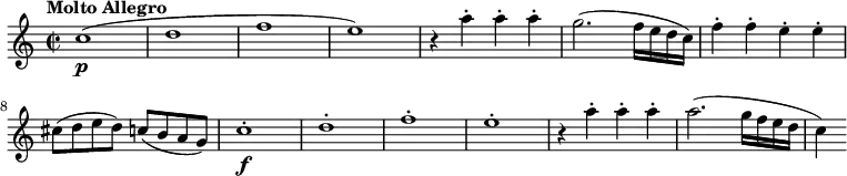 
\relative c'' {
  \version "2.18.2"
    \key c \major
    \time 2/2
    \set Staff.midiInstrument = "string ensemble 2"
    \tempo "Molto Allegro"
    \tempo 4 = 210
  c1\p ( d f e)
  r4  a4-. a-. a-.
   g2. (f16 e d c)
   f4-.  f-.  e-. e-.
   cis8 (d e d) c (b a g)
  c1-.\f  d-. f-. e-.
  r4  a4-. a-. a-.
   a2. (g16 f e d c4)
  }
