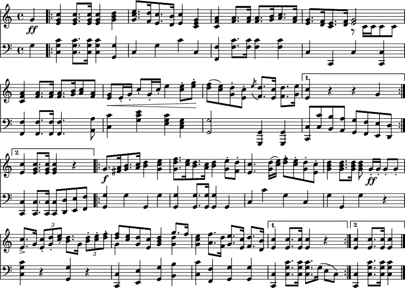 
\header { tagline = ##f }
\paper { paper-width = 230\mm }
\layout { indent = 0 \context { \Score \remove "Bar_number_engraver" } }

global = { \key c \major \time 4/4 \partial 4 }

top = \relative c'' { \global \set midiInstrument = "brass section"
  g4\ff | \repeat volta 2 { <c g e> <c g e>8. <c g e>16 <c g e>4 <d b g> |
  <e c g>8. [<d f,>16 <c e,>8. <b d,>16] <c e,>4 <g e c>|
  <a f c> <a f>8. <a f>16 <a f>8. [<b g>16 <c a>8. <a f>16] |
  <g e>8. [<f d>16 <e c>8. <f d>16] << { <g e>2 } \\ { r8 c,16 [c c8 c] } >> |
  <a' f c>4 <a f>8. <a f>16 <a f>8. [<b g>16 <c a>8 <a f>] |
  <g e>\< e16-. g-. c8-. g16-. c-. e4 <e c>8-. <g e>-.\! |
  <f d> (<e c>) <d g,>-. <c e,>-. \acciaccatura e8 <d f,>8. <c e,>16 <d f,>8. <e g,>16 | }
  \alternative { { <c e,>4 r r g } { <c e,>4 <c g e>8. <c g e>16 <c g e>4 r } }
  \repeat volta 2 { g8.\f [<a fis>16 <b g>8. <c a>16] <d b>4 <e c g> |
  <f d g,>8. [<e c>16 <d b>8. <c a>16] <d b>4 <e g,>8-. <d f,>-. |
  <c e,>4. <d g,>16 (<e c>) <f d>8-. <e c>-. <d g,>-. <c e,>-. |
  <d b g>4 <d b g>8. <d b g>16 <d b g>8 g,16-.\ff [g-.] g8-. g-. |
  <c e,>8.-> g16 \tuplet 3/2 { <c e,>8-. <d g,>-. <e c>-. } <d b>8. g,16 \tuplet 3/2 { <d' b>8-. <e c>-. <f d>-. } |
  << { <f d>8 <e c> <d g,> <c e,> <d b g>4 g8. f16 } \\ { g,4 s2 <d' g,>4 } >> |
  <e c g>4 <f a,>8. <d f,>16 <e g,>8. <c e,>16 <d f,>8. <b d,>16 | }
  \alternative { { <c e,>4 <c e,>8. <c e,>16 <c e,>4 r } { <c e,>4 <c e,>8. <c e,>16 <c e,>4 } } \bar "|."
}

bot = \relative c' { \global \set midiInstrument = "trombone"
  g4 | \repeat volta 2 { <c g c,> <c g c,>8. <c g c,>16 <c g c,>4 <g g,> | c, g' c c, |
  <f f,> <c' f,>8. <c f,>16 <c f,>4 <c f,> | c, c, c' <c c,> |
  <f f,> <f f,>8. <f f,>16 <f f,>4. <a a,>8 |
  <c c,>4 <e c g> <c g e> <g e c> | <g g,>2 <g, g,>4 <g g,> | }
  \alternative { { <c c,>8 <c' c,> <b b,> <a a,> <g g,> <f f,> <e e,> <d d,> }
    { <c c,>4 <c c,>8. <c c,>16 <c c,>8 <d d,> <e e,> <f f,> } }
  \repeat volta 2 { <g g,>4 g g, g' | <g g,> <g g,>8. <g g,>16 <g g,>4 g, | c c' g c, |
    g' g, g' r | <c g c,> r <g g,> r | <c, c,> <e e,> <g g,> <b b,> | <c c,> <f, f,> <g g,> <g g,> | }
    \alternative { { <c, c,> <c' g c,>8. <c g c,>16 <c g c,>8. g16 (e8 c) }
    { <c c,>4 <c' g c,>8. <c g c,>16 <c g c,>4 } }
}

\score {
  <<
    \new Staff \top
    \new Staff { \clef bass \bot }
  >>
  \layout { }
}
\score { \unfoldRepeats { << \top \\ \bot >> }
  \midi { \tempo 4=108
    \context { \Score midiChannelMapping = #'instrument }
    \context { \Staff \remove "Staff_performer" }
    \context { \Voice \consists "Staff_performer" }
  }
}
