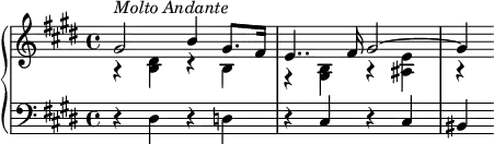 {
\set Score.tempoHideNote = ##t
\new PianoStaff <<
\new Staff { \clef violin \key e \major \time 4/4 \tempo 4 = 60
<< { \voiceOne
gis'2(^\markup{\italic{Molto Andante}} b'4 gis'8. fis'16
e'4.. fis'16 gis'2~
gis'4
}
\new Voice { \voiceTwo
r4 <b dis'> r b
r4 <gis b> r <ais e'>
r
} >> \oneVoice
}
\new Staff { \clef bass \key e \major \time 4/4
r4 dis r d
r cis r cis
bis,
}
>>
}