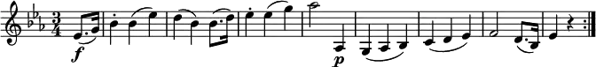 { \relative es' { \key es \major \time 3/4
\partial 4 es8.( \f g16) | bes4-. bes( es) | d4( bes) bes8.( d16) | es4-. es( g) | as2 as,,4 \p |
g4( as bes) | c4( d es) | f2 d8.( bes16) | es4 r \bar ":|." }}