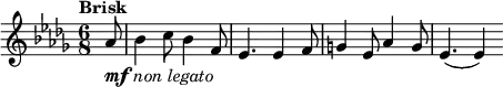 
\new Score {
  \new Staff {
    \relative c'' {
      \clef treble
      \key des \major
      \time 6/8
      \tempo "Brisk"
      \partial 8 as8-\markup {\dynamic mf \italic{non legato}} | bes4 c8 bes4 f8| es4. es4 f8 | g4 es8 as4 g8 | es4.(es4)
    }
  }
}
