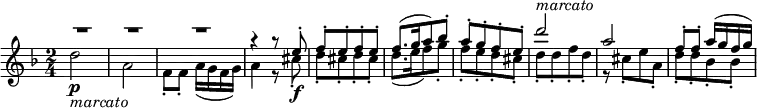 {{ \key d \minor \time 2/4
<<
  \relative a''{
    \voiceOne  \override MultiMeasureRest.staff-position = #8 R2 * 3 | r4 a8\rest e8-. |
    f8-.[ e-. f-. e-.] | f8.[ ( g16 a8) bes-.] | a8-.[ g-. f-. e-.] |
    d'2 ^\markup { \italic "marcato" } | a | f8-. f-. a16( g f g)
  }
  \new Voice \relative d '' {
    \voiceTwo
    d2 \p _\markup { \italic "marcato" } | a2 | f8-. f-. a16( g f g) | a4 r8 cis8-. \f |
    d8-. [ cis-. d-. cis-.]  | d8.([ e16 f8 ) g-.] | f8-.[ e-. d-. cis-.] |
    d8-.[ d-. f-. d-.] | r8 cis-.[ e a,-.] | d8-.[ d-. bes-. bes-.]
  }
>> }}