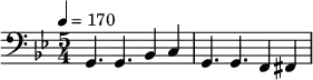 { \clef bass \key g \minor \time 5/4 \relative c { \tempo 4 = 170 g4. g4. bes4 c4 g4. g4. f4 fis4 } }