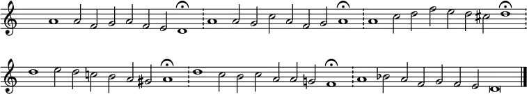 
{ \key c \major 
\time 64/2
\set Score.tempoHideNote = ##t
\tempo 2=100
\set Staff.midiInstrument = "english horn"
\override Score.TimeSignature #'transparent = ##t
\override Score.BarNumber  #'transparent = ##t
 a'1 a'2 f' g' a' f' e' d'1\fermata \bar "!" a'1 a'2 g' c'' a' f' g' a'1\fermata \bar "!" a' c''2 d'' f'' e'' d'' cis'' d''1\fermata \bar "!" d''
 e''2 d'' c'' b' a' gis' a'1\fermata \bar "!" d'' c''2 b' c'' a' a' g' f'1\fermata  \bar "!" a' bes'2 a' f' g' f' e' d'\breve\bar "|."}
