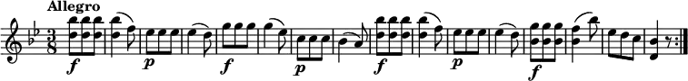  
  \relative c'' {
  \version "2.18.2"
  \key bes \major 
  \tempo "Allegro"
  \time 3/8
  \tempo 4 = 130
    <d bes'>8\f <d bes'> <d bes'>
    <d bes'>4 (f8)
    ees\p ees ees
    ees4 (d8)
    g\f g g
    g4 (ees8)
    c\p c c
    bes4 (a8)
    <d bes'>8\f <d bes'> <d bes'>
    <d bes'>4 (f8)
    ees\p ees ees
    ees4 (d8)
    <bes g'>8\f <bes g'> <bes g'>
    <bes f'>4 (bes'8)
    ees, d c 
    <d, bes'>4 r8\bar ":|."
} 
