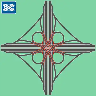 Mischform aus Kleeblatt und Malteserkreuz mit redundanten Rampen