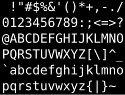 95 ASCII-Zeichen, weiße Schrift auf schwarzem Grund