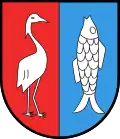 Reiher und Fisch (Schild unheraldisch gespalten in zwei Farben) Illmitz am Neusiedler See,&nbsp;AT