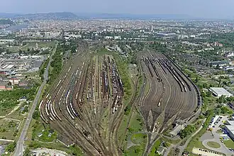 Luftaufnahme der beiden Bahnhofsteile des Rangierbahnhofes Ferencváros (2016)