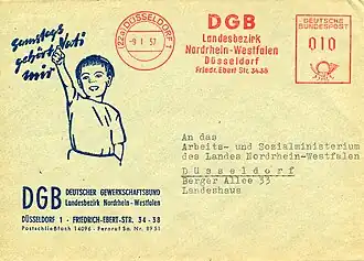 Absenderfreistempel auf einem Werbeumschlag des DGB von 1957