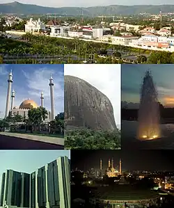 von oben links nach rechts: Straße in Maitama, Nigerianische Nationalmoschee, der Millennium Park, die Central Bank of Nigeria und eine nächtliche Skyline im Wirtschaftsbezirk