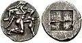 Thasischer Achtel-Stater (Silber): Satyr, etwa 500–463 v. Chr. (Le Rider: Thasiennes 4), SNG Copenhagen 767395 (11&nbsp;mm, 1,12&nbsp;g)