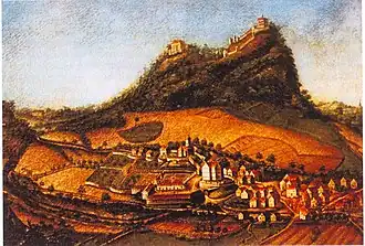 Die drei Burgen auf dem Hohenstoffeln, im Vordergrund Schloss Weiterdingen (17. Jh.)