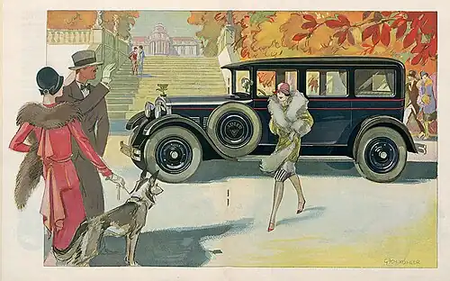 Dame mit üppigem Pelzschal und Dame mit pelzverbrämten Mantel vor einem Luxusauto. Illustration aus: Der Adler Standard, 6. Prospekt, Frankfurt