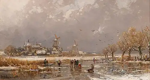 Winterliches Eisvergnügen auf einem zugefrorenen Kanal vor holländischer Stadtsilhouette