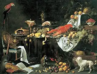 Prunkstillleben mit Papagei, Äffchen und Hund, 1644, Öl auf Leinwand, 185 × 242,5 cm, Rijksmuseum, Amsterdam