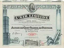 Aktie der Air Liquide S.A. über 100 Francs, ausgestellt in Paris am 10. Juli 1937, mit Unterschrift von Paul Delorme, 1902–1945 Präsident der Gesellschaft